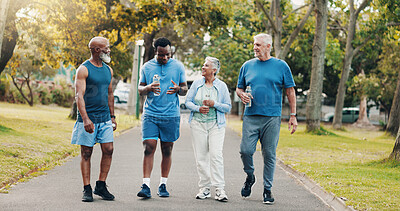 Buy stock photo Group, people and walk for fitness at park of mobility training, discussion and morning routine. Smile, senior community and coach with conversation of exercise, explaining and cardio workout outdoor