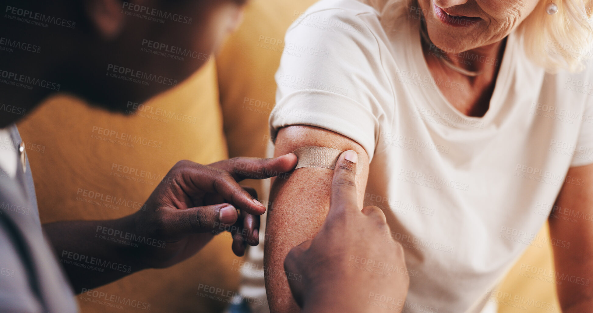 Buy stock photo Nurse, old woman and hands for plaster in home, wound care and medical injection for disease. Help, caregiver and healthcare service to support senior patient, immunization and bandage for flu shot