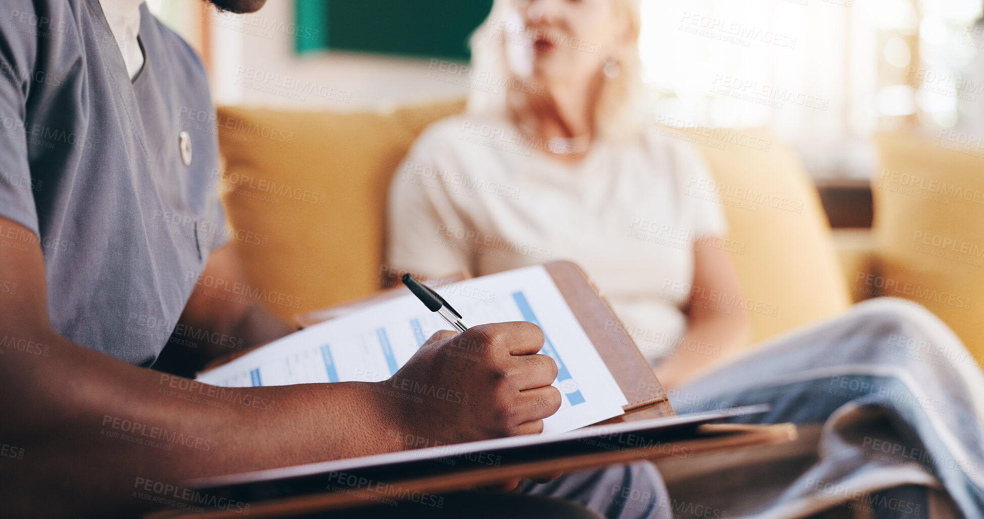 Buy stock photo Doctor, old woman and writing symptoms in home visit, assessment and medical file for health checklist. Hands, insurance and nurse helping elderly patient with checkup, disease and sick support