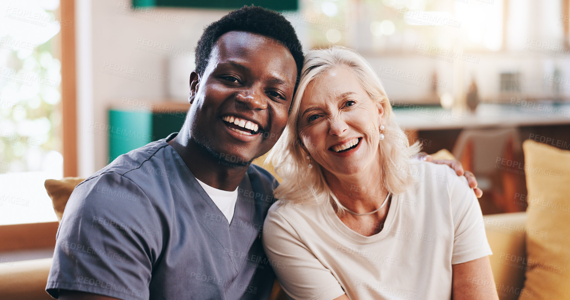 Buy stock photo Caregiver, senior woman and hug for homecare, support patient and professional for assisted living. Portrait, embrace and together for healthcare recovery, trust nurse and helping service on sofa