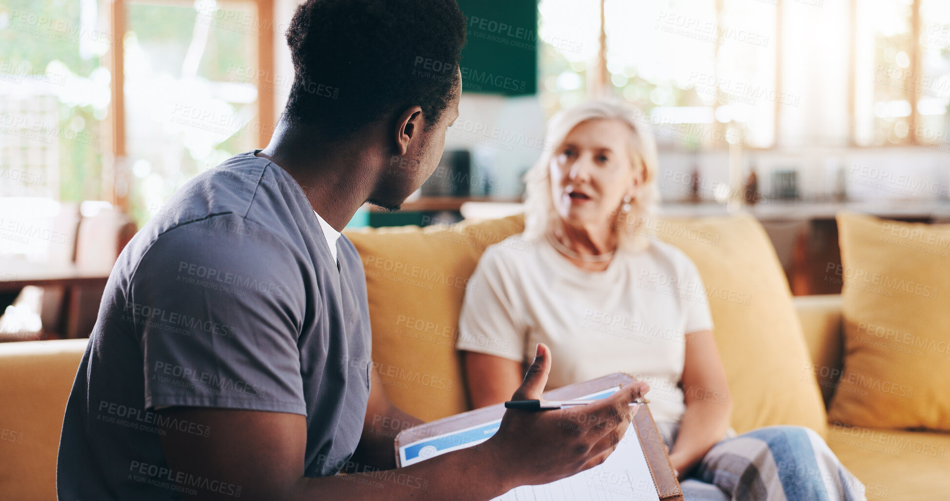 Buy stock photo Woman, caregiver and talk with documents of checkup procedure, medical questions and healthcare survey. Mature patient, volunteer and paperwork for information, diagnosis notes and treatment at house