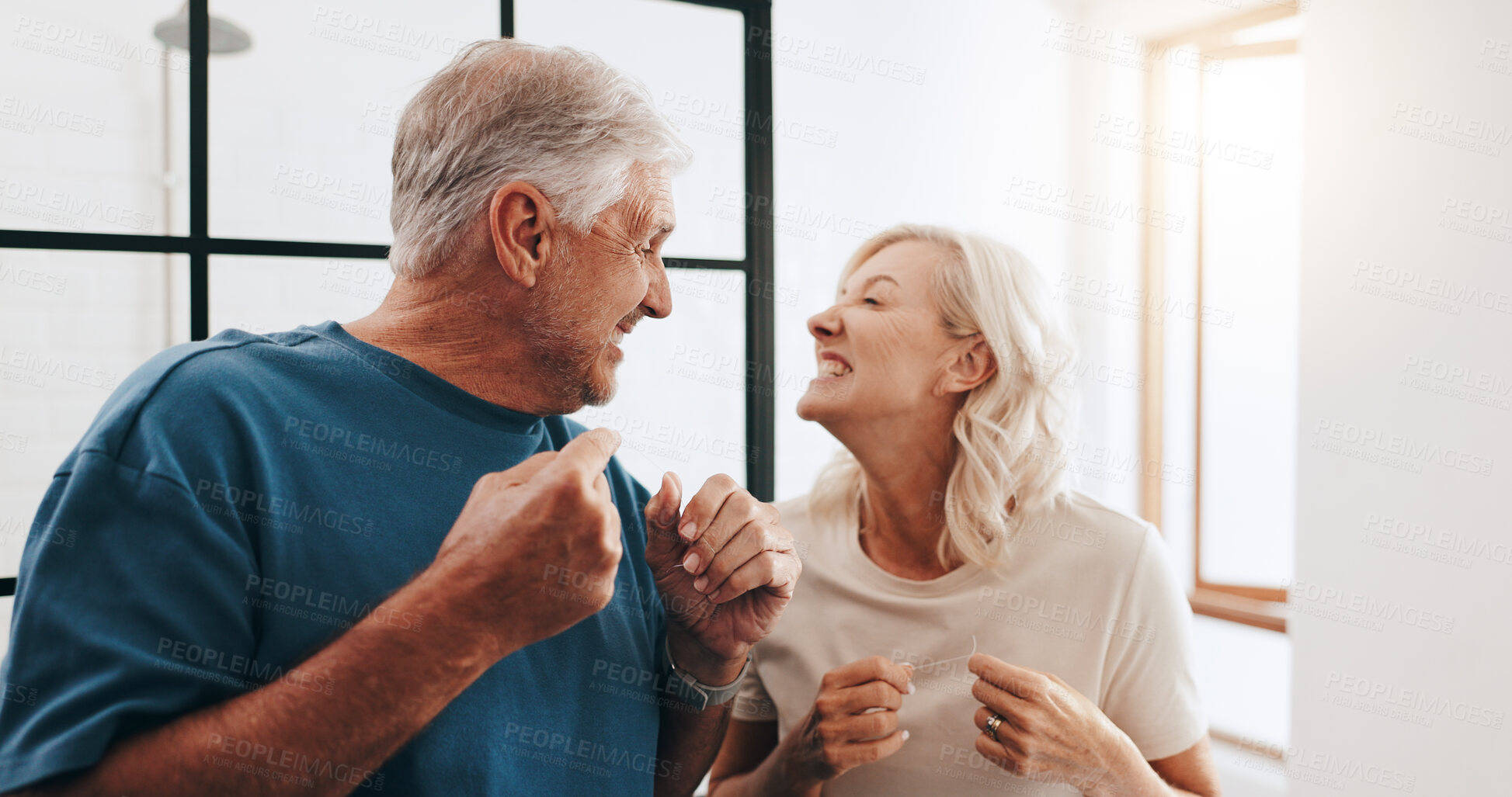 Buy stock photo Cleaning, senior couple and floss for hygiene, smile and string for prevention of cavity or grooming. House, elderly people and thread for oral health in bathroom, happy and together with dental care