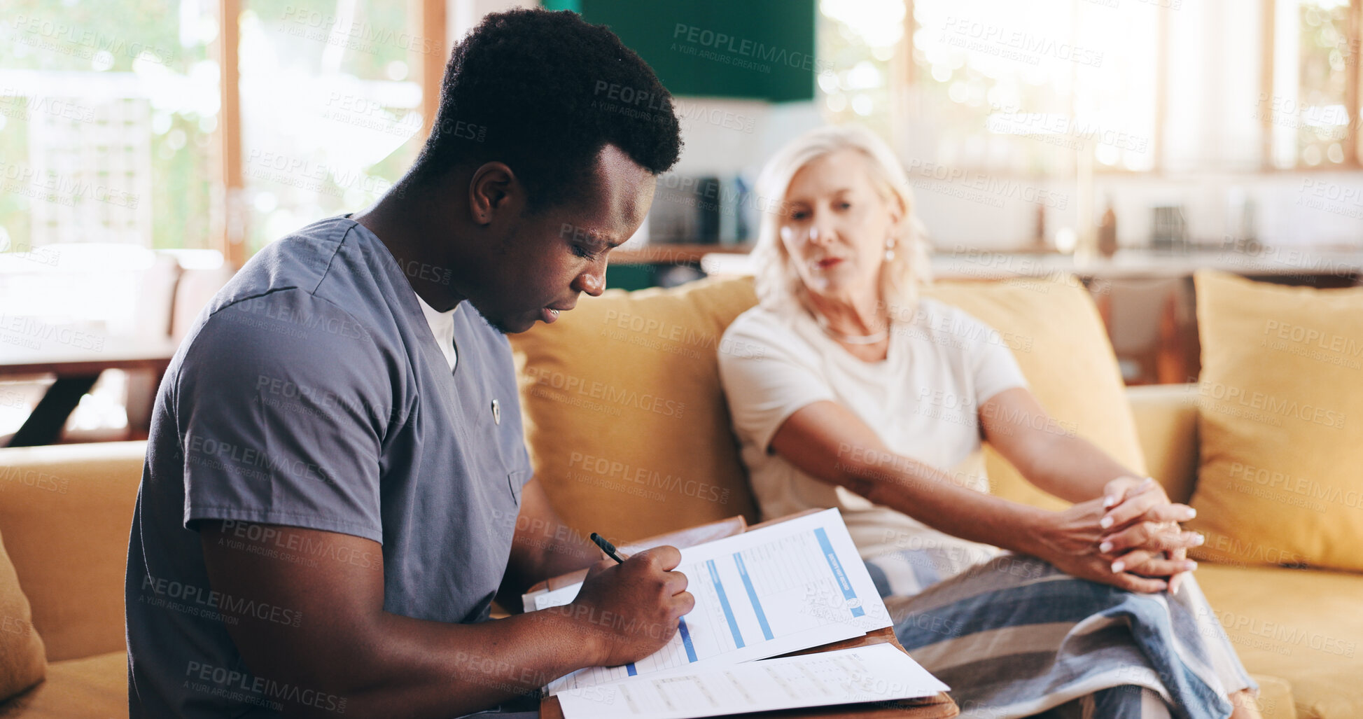 Buy stock photo Woman, caregiver and writing on documents for checkup procedure, medical questions and healthcare survey. Mature patient, volunteer and paperwork for symptoms, diagnosis report and treatment at house