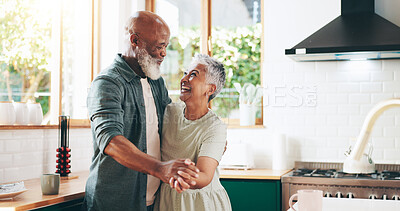 Buy stock photo Senior couple, happy and dancing in home, marriage celebration and funny conversation for love. Laughing, holding hands and sweet romance in old age, commitment and kitchen date for valentines day