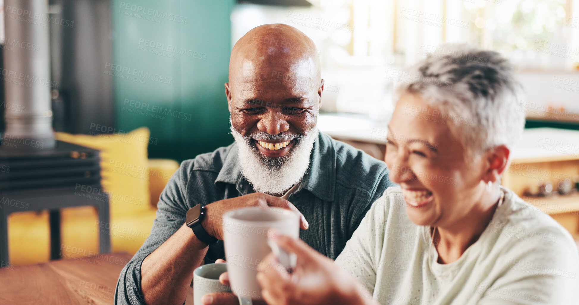 Buy stock photo Mature, interracial couple and laughing with coffee for funny joke, morning or bonding together at cafe. Happy man, woman or lovers with smile, beverage or caffeine for humor or comedy at restaurant