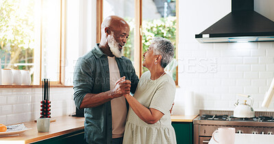 Buy stock photo House, dancing and senior couple in kitchen, bonding together and music with romance. Happy people, marriage and old man with mature woman, trust and celebration for anniversary, relationship or love