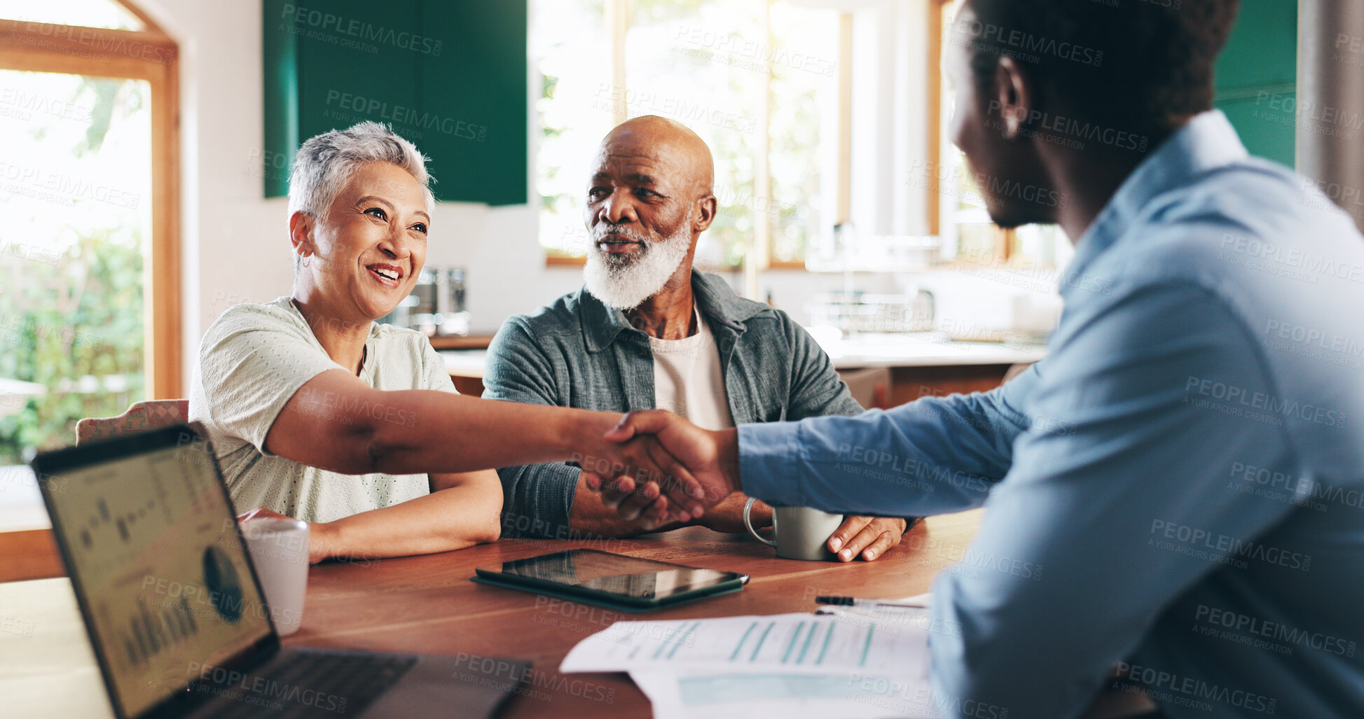 Buy stock photo Handshake, thank you and old couple with financial advisor for retirement fund, fraud protection and pension planning. Documents, greeting and shaking hands with people at home for account manager