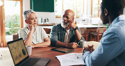 Buy stock photo Debt, advice and consulting with old couple with financial advisor for retirement fund, fraud protection and pension planning. Documents and solution with people at home for account manager and help