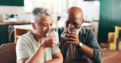 Buy stock photo House, coffee and senior couple with love, romance and bonding together with relationship. Valentines day, old man and mature woman in living room, cappuccino and herbal tea with marriage and smile