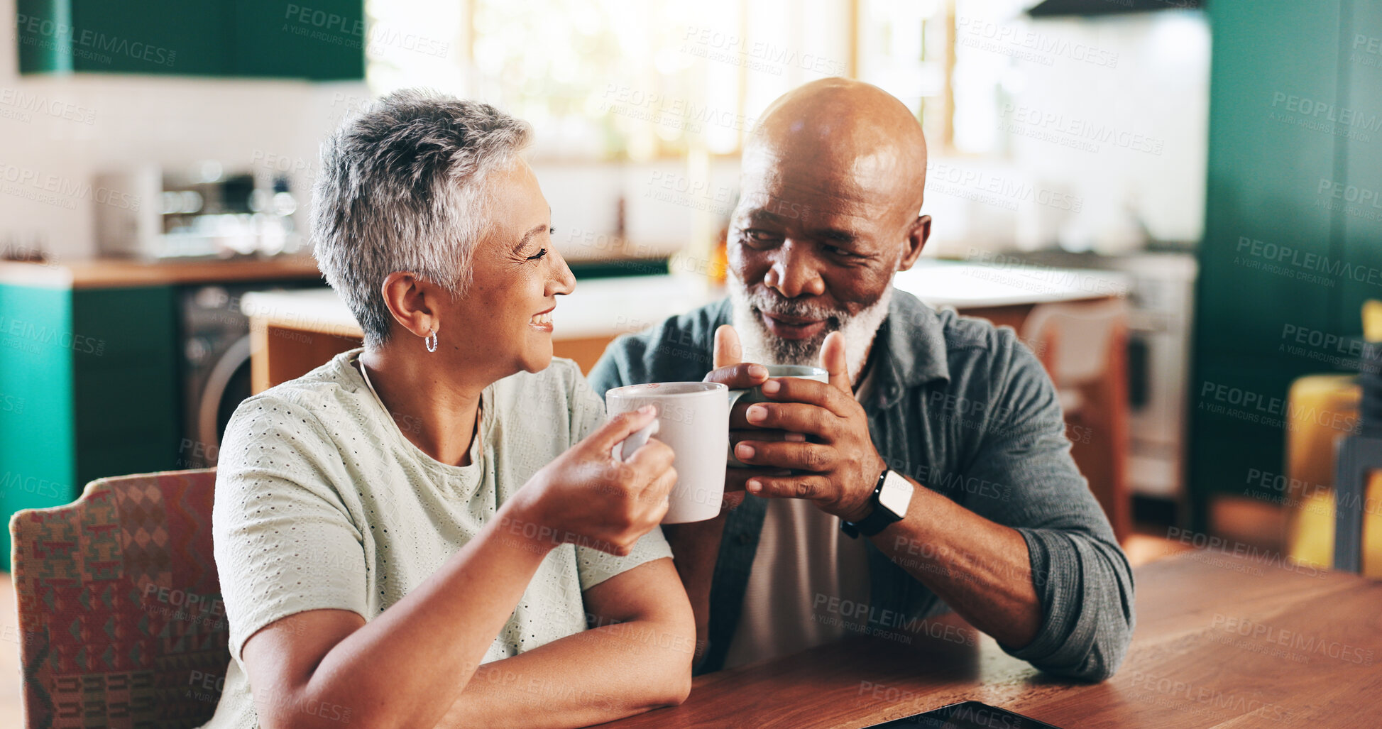 Buy stock photo House, coffee and old couple with love, toast and bonding together with herbal tea, smile and romance. Valentines day, mature man and senior woman in living room, cappuccino and cheers with marriage