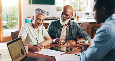 Buy stock photo Signature, documents and old couple with financial advisor for retirement fund, fraud protection and pension planning. Trust agreement, policy and offer with people at home for account manager