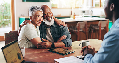 Buy stock photo Hug, meeting and success with old couple with financial advisor for retirement fund, fraud protection and pension planning. Documents, approval and offer with people at home for account manager