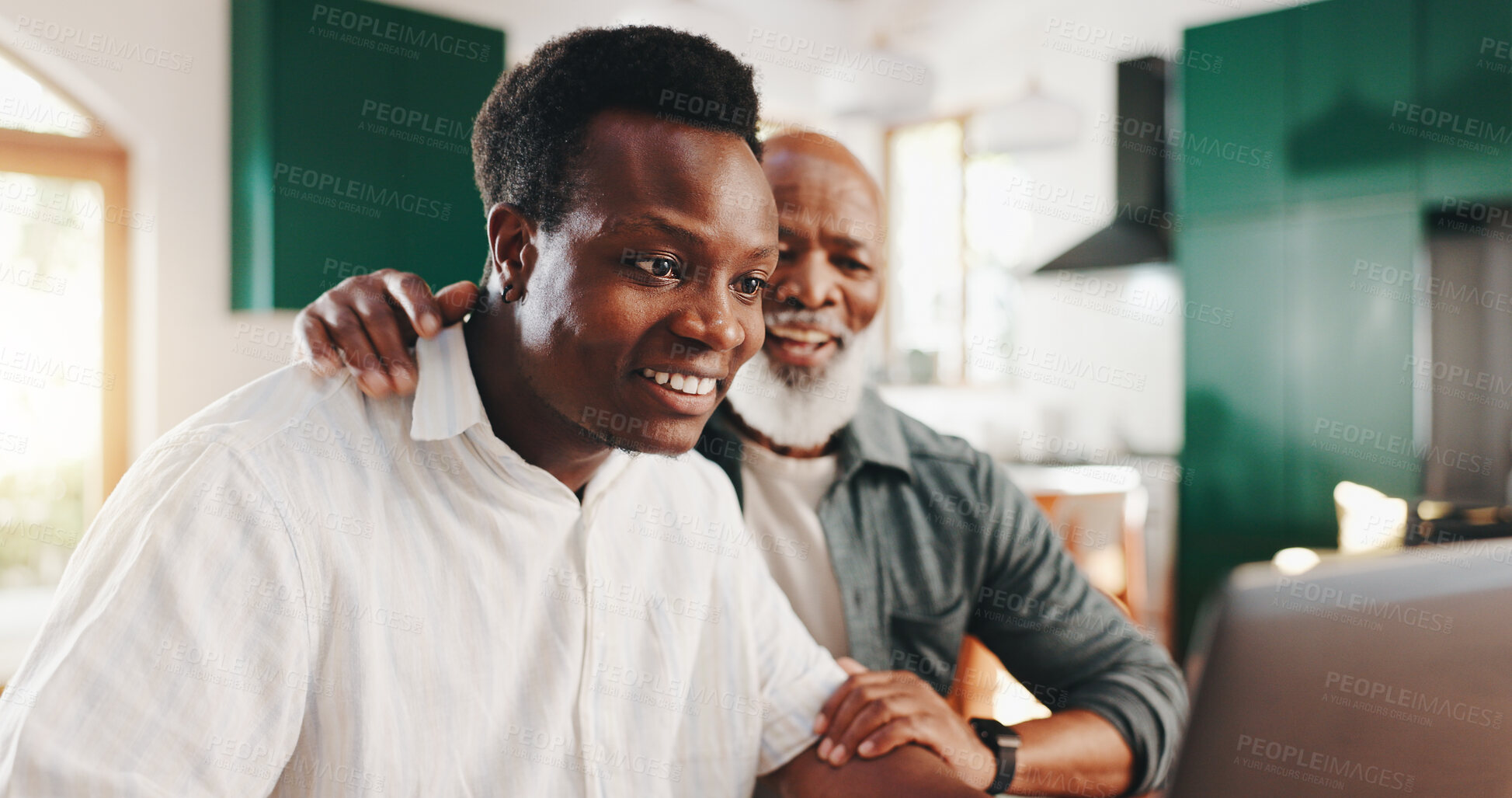 Buy stock photo Success, happy and senior father with son and laptop for good news,  achievement and job promotion. Support, reading and black family with people at home for business, interview email and legacy