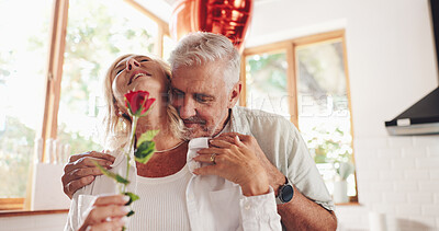 Buy stock photo Hug, home and senior couple with flower, romance and bonding together for Valentines day. Marriage, mature man or old woman with rose, embrace or relationship with celebration for anniversary or love