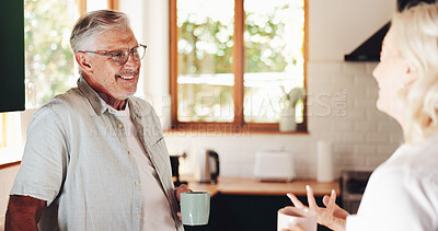 Buy stock photo Senior couple, talking and coffee in home, love and enjoying conversation with happy wife in kitchen. Elderly people, smile and support by listening for healthy marriage, tea cup and retirement