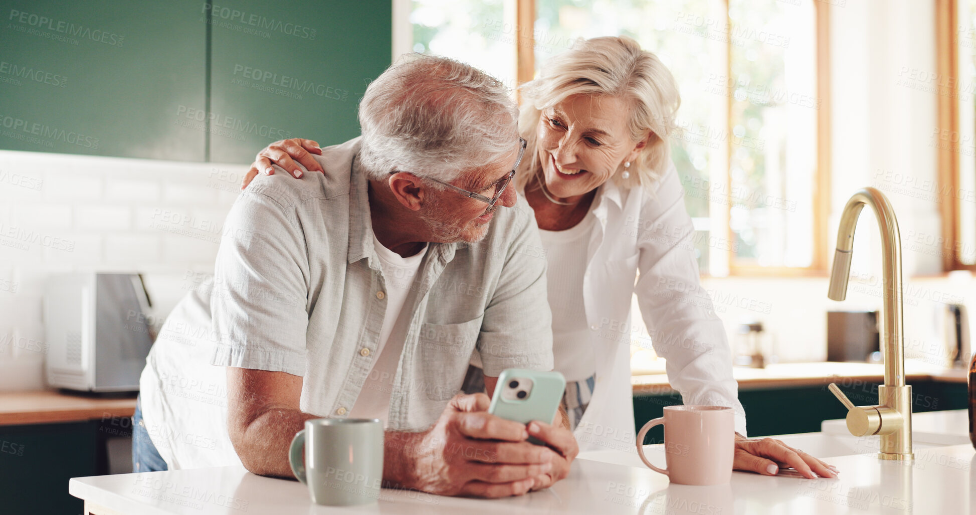 Buy stock photo Planning, phone and smile with old couple in kitchen for retirement fund, social security benefits or news. Senior discount, membership application or update with people at home for annuity sign up