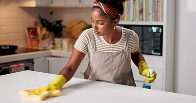 Buy stock photo Woman, cloth and cleaning on kitchen counter for hygiene with spray, gloves or chemical for shine in home. Person, rag and bottle for dust, dirt or bacteria with sanitation, liquid or chores in house