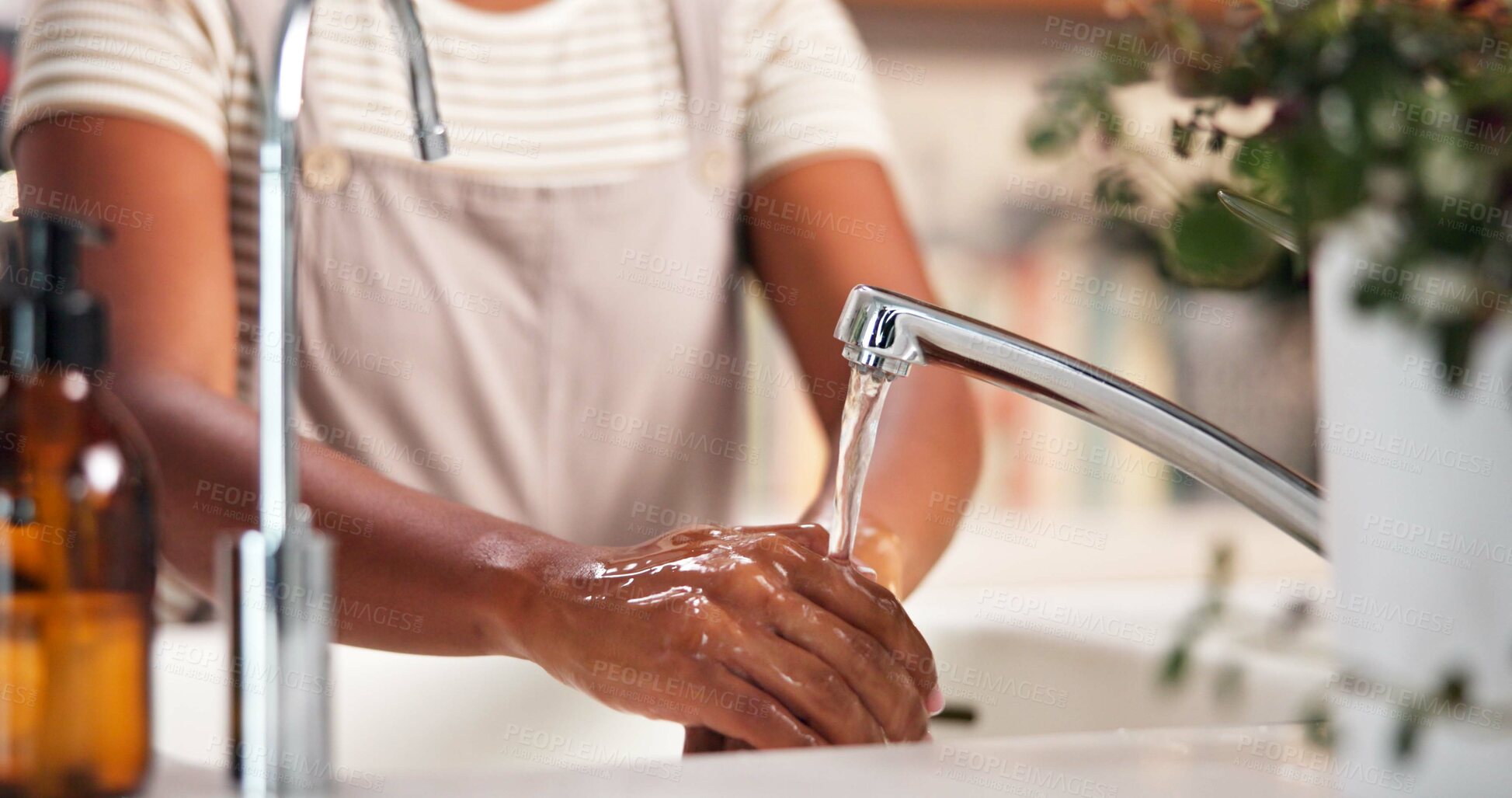 Buy stock photo Washing hands, faucet and water for hygiene in bathroom, home and stop bacteria for wellness in morning. Person, tap and cleaning skin for germs, virus or dirt with liquid for sanitation at apartment