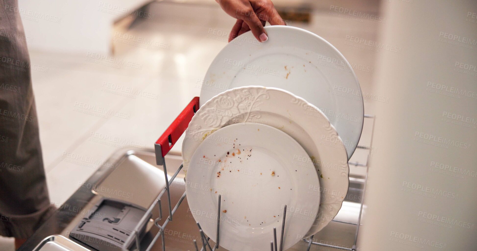 Buy stock photo Kitchen, hands or dirty plates in dishwasher for housework chores, hygiene or cleaning crockery. Closeup, person or packing dishes in machine for housekeeping, germ removal or morning routine in home