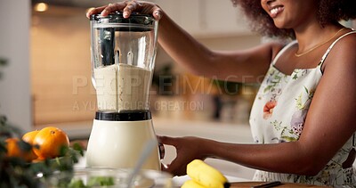 Buy stock photo Hands, woman and blender for smoothie at house for nutrition drink, detox benefits and weight loss. African, female person and start machine with organic beverage, natural diet and digestion wellness