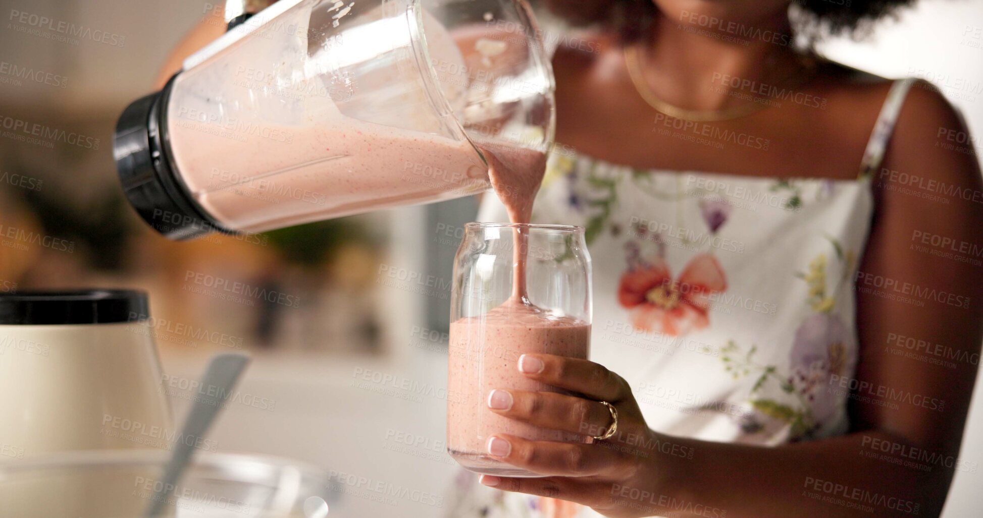 Buy stock photo Hands, woman and pour smoothie in home with nutrition drink, detox benefits and weight loss. African, person and glass with organic beverage for natural diet, morning protein and digestion wellness