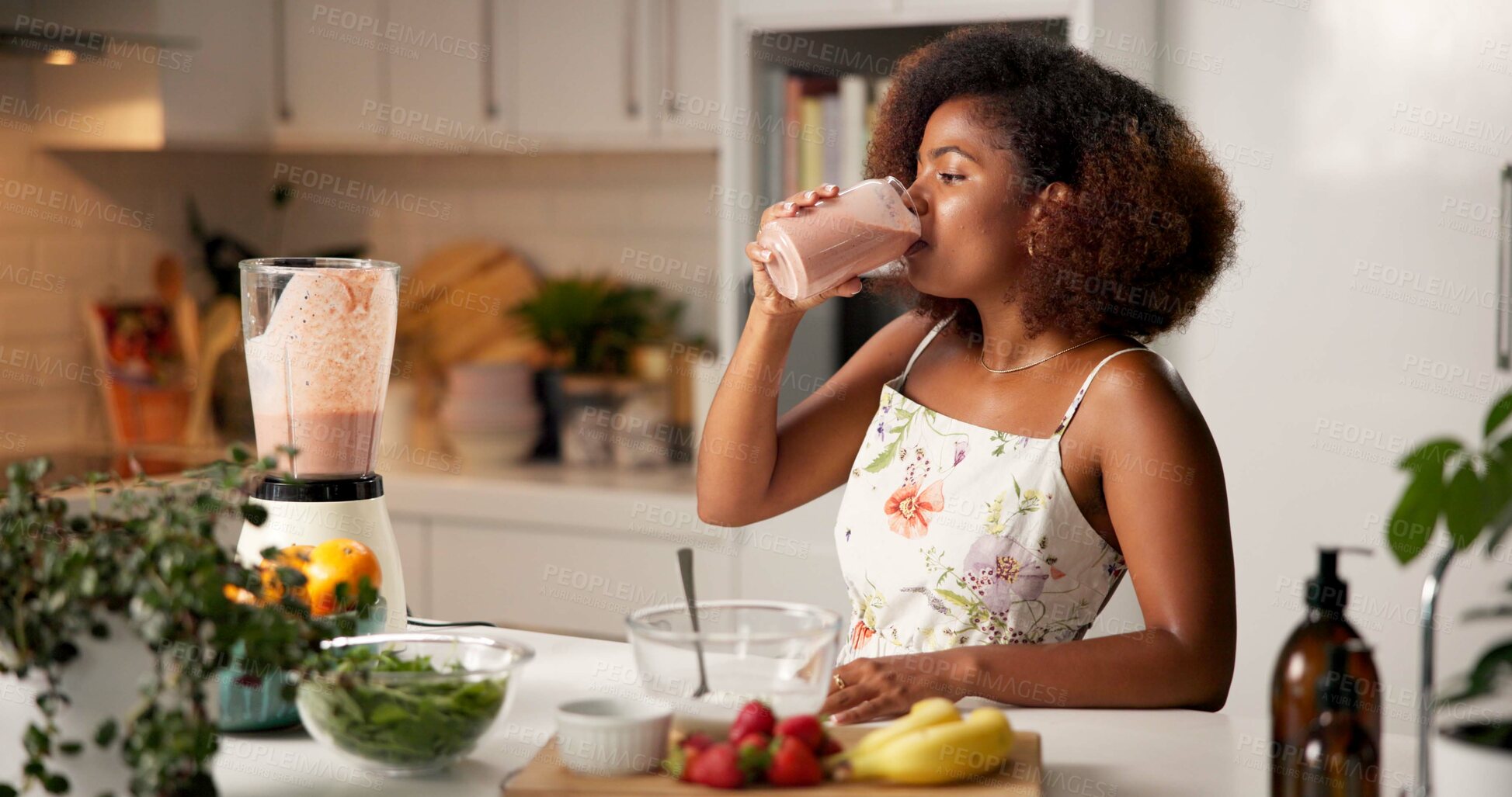 Buy stock photo Woman, healthy and drink smoothie at house for nutrition shake, detox benefits and weight loss. African, female person and organic ingredient for vegan beverage, diet and morning protein for wellness