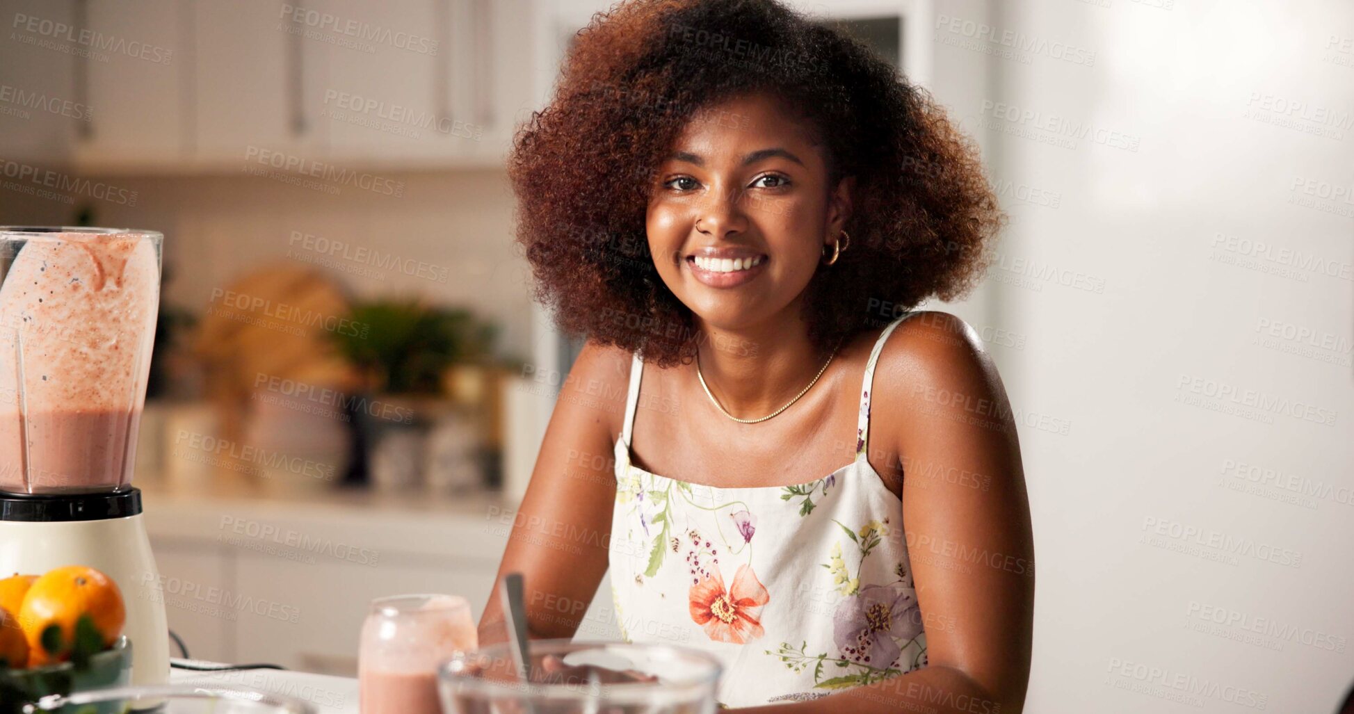 Buy stock photo Blender, portrait and smile of black woman in kitchen of home for diet, health or wellness. Ingredients, recipe and smoothie with happy person in apartment for detox, nutrition or weight loss