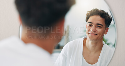 Buy stock photo Happy man, mirror and check for cleaning in home with results, face reflection and grooming in morning. Beauty, facial glow and confident male person in house bathroom with smile, hygiene or skincare