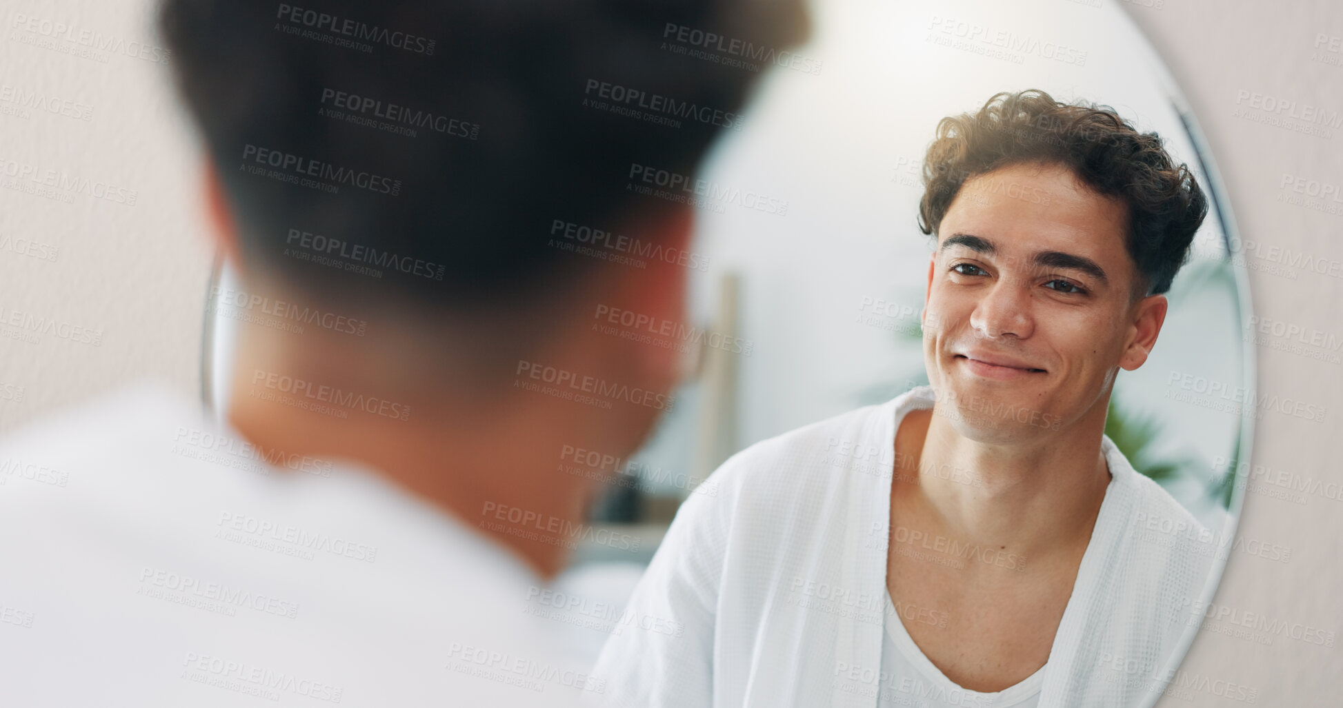 Buy stock photo Happy man, mirror and check for cleaning in home with results, face reflection and grooming in morning. Beauty, facial glow and confident male person in house bathroom with smile, hygiene or skincare