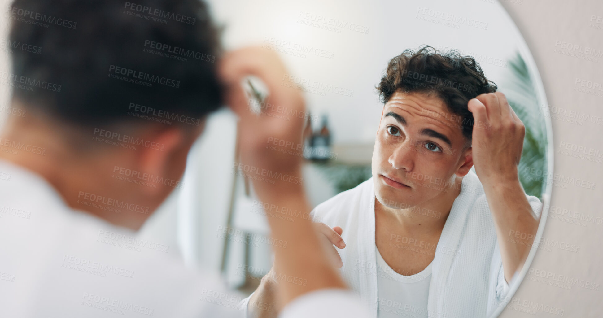 Buy stock photo House, mirror and man with hair care, bathroom and grooming with routine, volume and texture. Person, apartment and guy with concern, shampoo and worry for balding, dry scalp and dandruff with growth