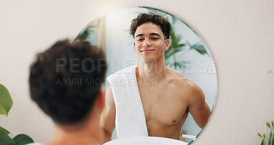 Buy stock photo Man, confident or mirror for body in home with results, face reflection and grooming in morning. Good mood, facial glow and male person in house bathroom with proud smile, towel and skincare hygiene