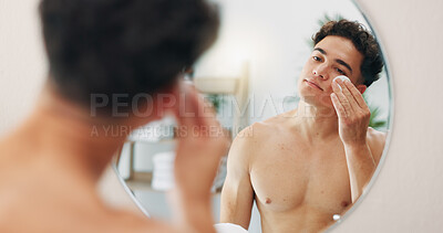 Buy stock photo Cotton pad, mirror and man in bathroom, skincare and dermatology with routine, wellness and beauty. Person, house and guy with reflection, cleanse and cosmetics with treatment and swab for acne