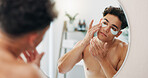 Face, skincare or man with mirror, eye patch or cosmetics for beauty, application or wellness. Reflection, home or person with facial collagen pads or dermatology product for anti aging or hydration