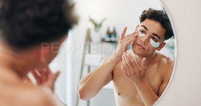Buy stock photo Eye patch, skincare or man with mirror, face or cosmetics for beauty, application or wellness. Reflection, home or person with facial collagen pads or dermatology product for anti aging or hydration