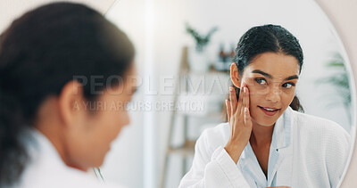 Buy stock photo Dermatology, mirror and woman in bathroom, skincare and confidence with routine, grooming and beauty. Person, house and girl with reflection, natural and cosmetics with wellness and acne treatment
