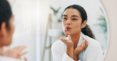 Buy stock photo Blowing kiss, mirror and woman in bathroom, skincare and confidence with routine, wellness and beauty. Person, house and girl with reflection, cleaning and cosmetics for shine, dermatology or pride