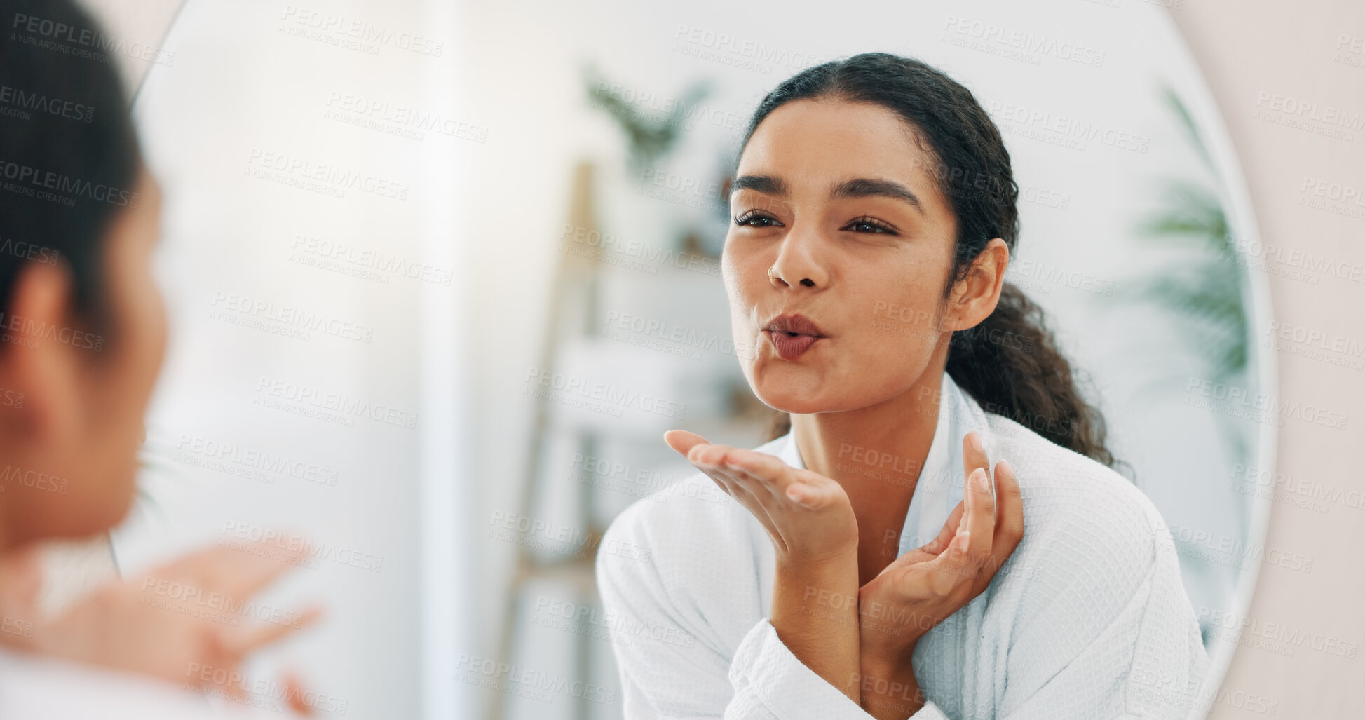 Buy stock photo Blowing kiss, mirror and woman in bathroom, skincare and confidence with routine, wellness and beauty. Person, house and girl with reflection, cleaning and cosmetics for shine, dermatology or pride