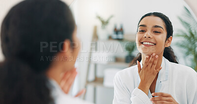 Buy stock photo Cosmetics, mirror and woman in bathroom, skincare and confidence with routine, wellness and makeup. Person, house and girl with reflection, happy and dermatology with pride, treatment and grooming