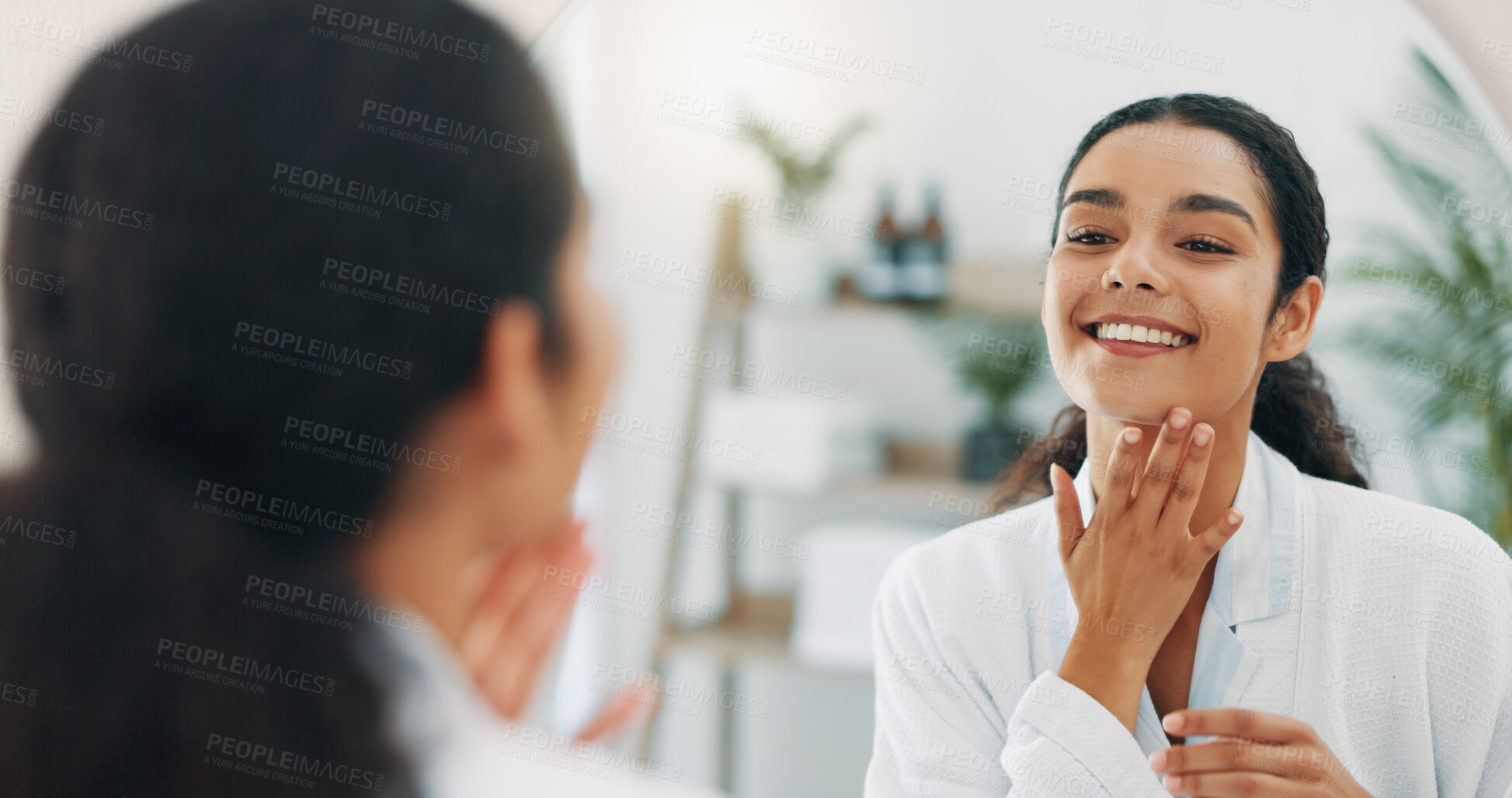 Buy stock photo Cosmetics, mirror and woman in bathroom, skincare and confidence with routine, wellness and makeup. Person, house and girl with reflection, happy and dermatology with pride, treatment and grooming