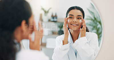 Buy stock photo Cream, mirror and woman in bathroom, cosmetics and dermatology with routine, wellness and beauty. Happy person, home or girl with reflection, skincare and lotion with hydration, grooming or treatment