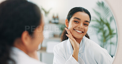Buy stock photo Happy, mirror and woman in bathroom, beauty and dermatology with routine, wellness and smile. Person, house and girl with reflection, makeup and cosmetics for acne treatment, skincare and grooming