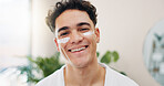 Home, portrait and happy man with cream for skincare, wellness and hydration benefits in morning. House, routine and male person with sunscreen for cosmetics, beauty treatment or moisturizer for face