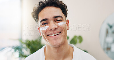 Buy stock photo Home, portrait and happy man with cream for skincare, wellness and hydration benefits in morning. House, routine and male person with sunscreen for cosmetics, beauty treatment or moisturizer for face