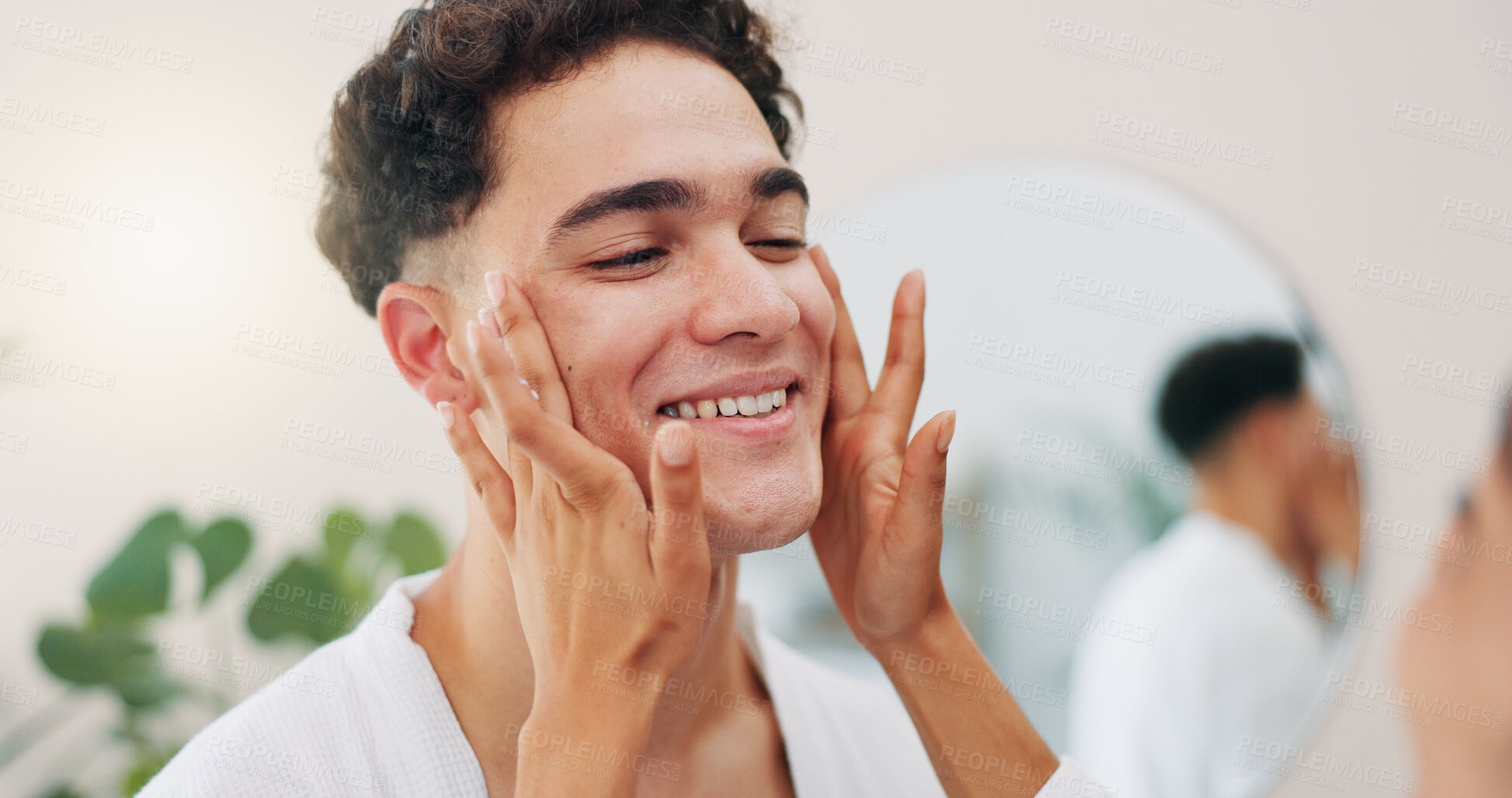 Buy stock photo Home, couple and smile with cream for skincare, wellness and hydration benefits in morning. House, man and woman with application for cosmetics, beauty treatment and support with moisturizer for face