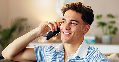 Buy stock photo Phone call, happy and man on sofa in home with communication, networking or connection. Technology, contact and male person relaxing in living room on mobile conversation for catch up in apartment.