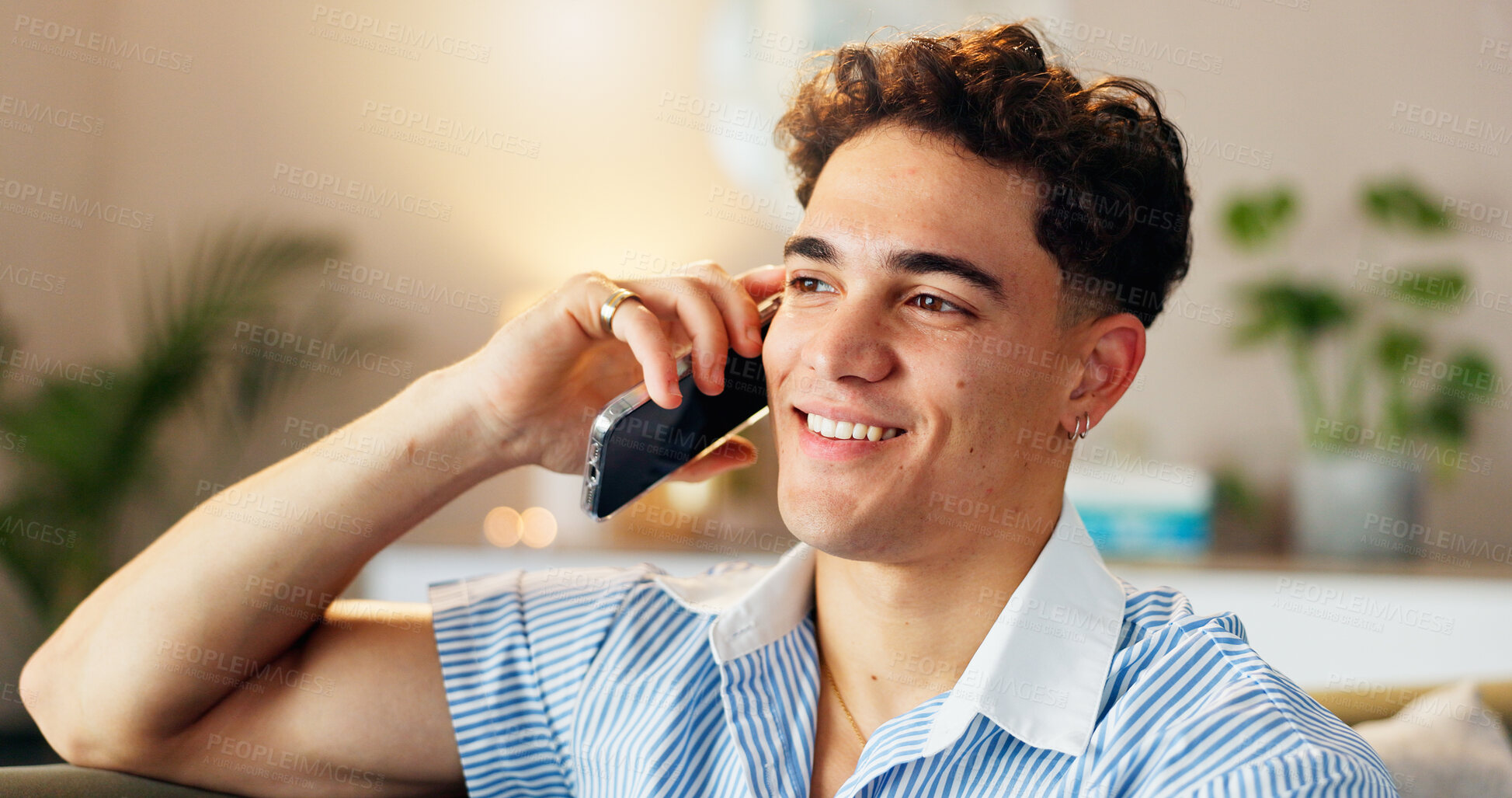 Buy stock photo Phone call, happy and man on sofa in home with communication, networking or connection. Technology, contact and male person relaxing in living room on mobile conversation for catch up in apartment.
