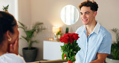Buy stock photo Roses, surprise and happy couple in home for valentines day with love, support and smile. Wow, shocked or people in house with bouquet of flowers, romance or gift for anniversary or bonding together