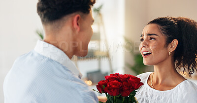 Buy stock photo Roses, surprise or couple with gift for valentines day with love, support or gratitude in home. Giving, wow or people with bouquet of flowers for romantic present, anniversary or celebration together