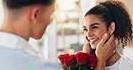 Roses, gift or couple with smile on valentines day with love, support or romance for gratitude in home. Happy, face or people with bouquet of flowers for romantic present, anniversary or celebration