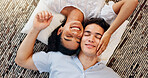 Love, smile and above of couple on floor for valentines day, romance and bonding. Relationship, care and happiness with man and woman in living room of home for support, connection and relax